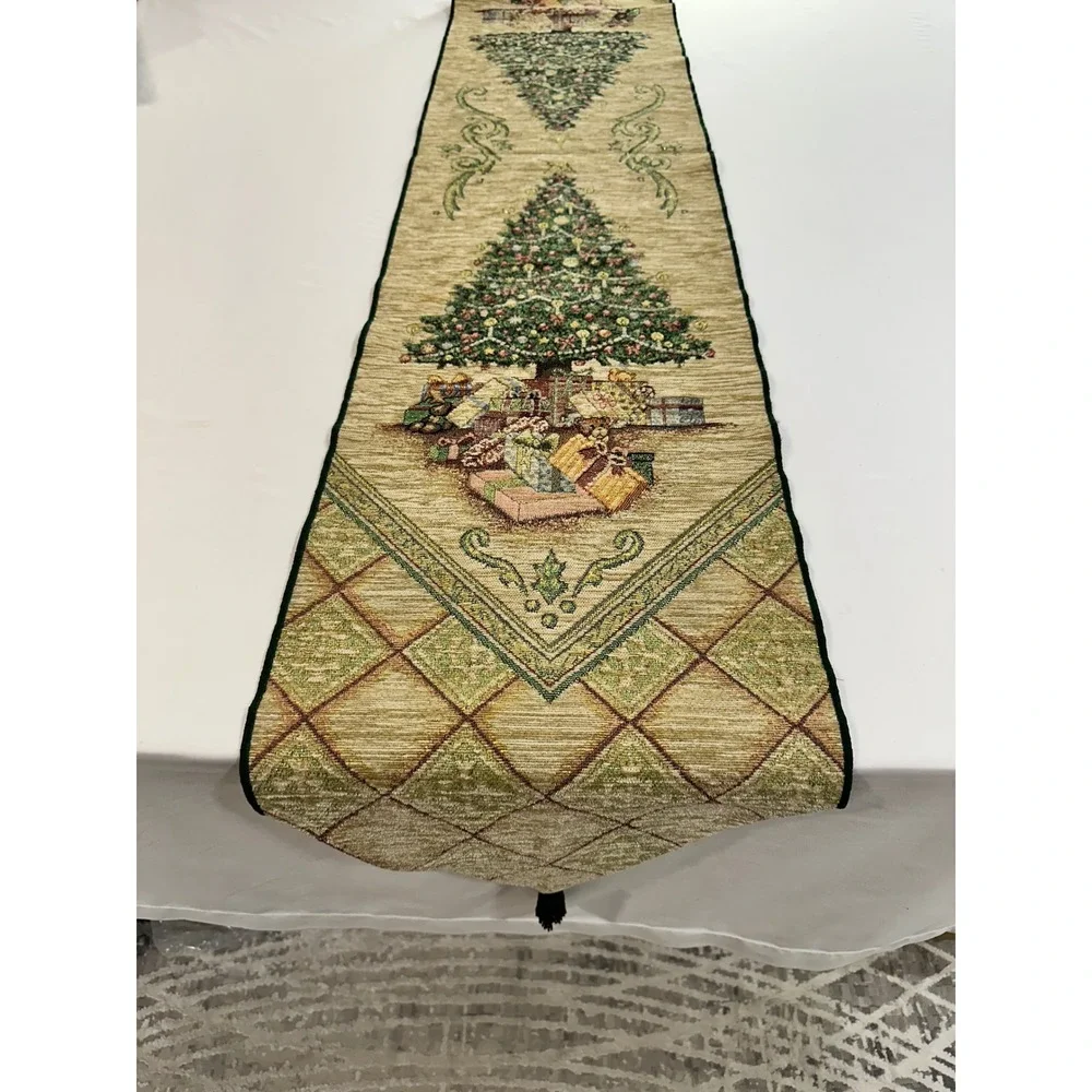 Vintage Christmas Tree Tapestry Table Runner Tassels Green Gold 70 x 12 Holiday